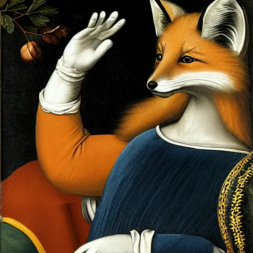 Image similar to renaissance painting of an anthropomorphic fox in a decorated uniform, wearing white gloves