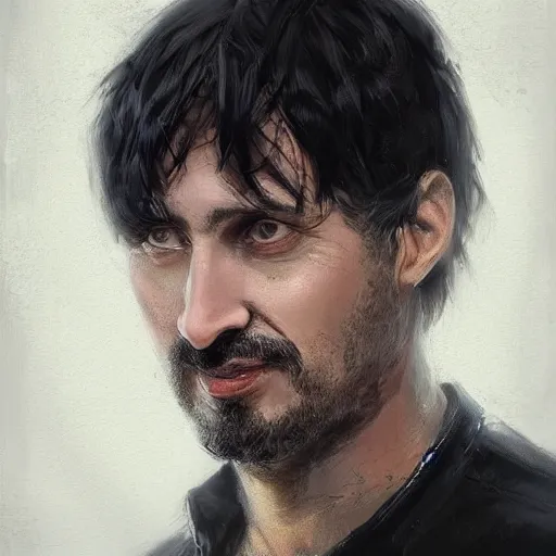 Image similar to Portrait of a man by Greg Rutkowski, he is about 40 years old, short black hair with bangs, his features are a mix between French, Turkish and Russian, dad vibes, he is wearing a white and black utility jumpsuit, highly detailed portrait, digital painting, artstation, concept art, smooth, sharp foccus ilustration, Artstation HQ.