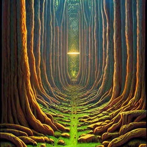Image similar to an ancient futuristic druidic village in the woods, painting by jeffrey smith