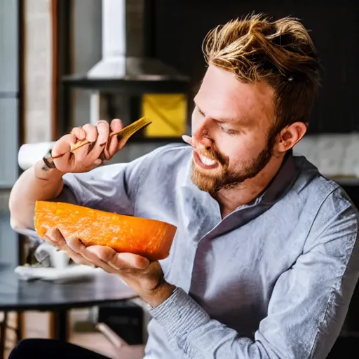 Image similar to the man eating a leqther boot with fork and knife