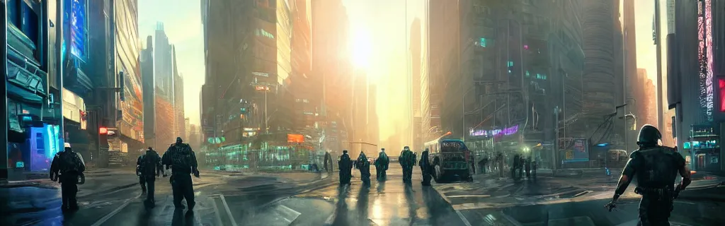 Image similar to a busy cyberpunk street with a heavy police presence. 8 k, epic cinematic hyperrealism masterpiece. realistic poster with shaded lighting by craig mallismo, artgerm, jeremy lipkin and michael garmash, unreal engine, radiant light, detailed and complex environment, digital art, art station trends, detailed, lens flare, motion blur