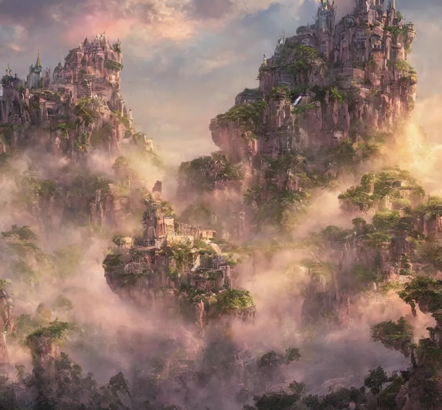 Image similar to beautiful!!! digital painting of a ( ( ( floating cloud kingdom, cloud platforms ) ) ) with an intricate expensive castle and waterfalls!! | dreamy pink!!! sunset!!! intricate civilization, epic rim lighting, dramatic!!!! craig mullins, james jean, octane render, trending on artstation, deviantart, studio level quality, hyperdetailed