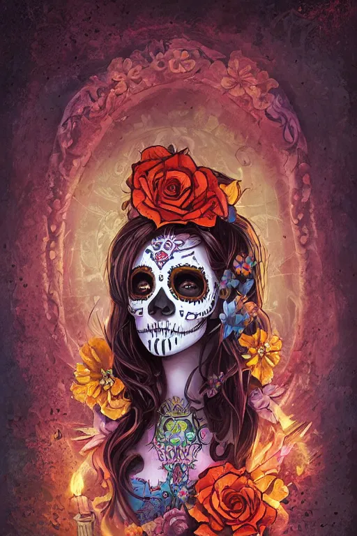 Image similar to illustration of a sugar skull day of the dead girl, art by jordan grimmer