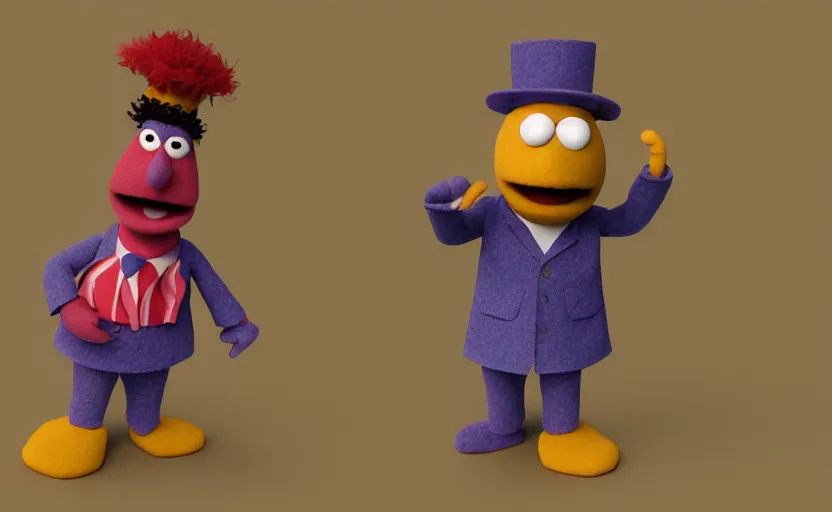 Image similar to 3 d render of bert from sesame street in a smoking suit