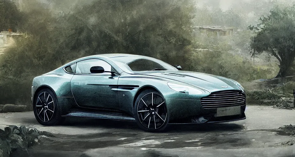 Image similar to Aston Martin in hill Next to the pool,digital art,ultra realistic,ultra detailed,art by greg rutkowski