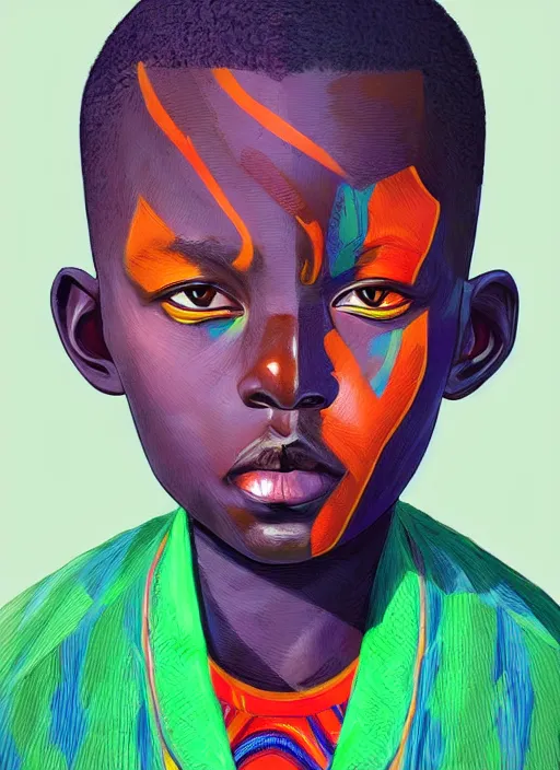 Prompt: colourful upper half portrait of an african boy - art by tenmyouya hisashi, highly detailed, digital painting, illustration, smooth, sharp focus, intricate, symmetry, pinterest, behance, artstation