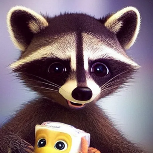 Image similar to an adorable baby raccoon wearing a diaper, pixar