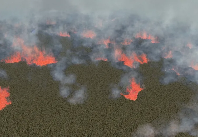 Prompt: hyper realistic overhead view of an large area with forest fires, pollution, climate change, destruction, octane render,