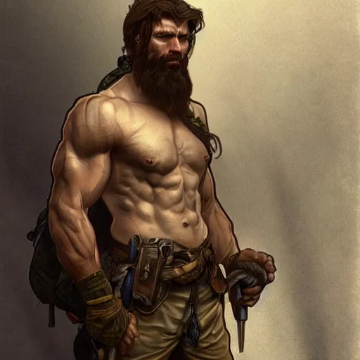 Image similar to portrait of a rugged ranger, muscular, upper body, hairy torso, D&D, fantasy, intricate, elegant, highly detailed, digital painting, artstation, concept art, smooth, sharp focus, illustration, art by alphonse mucha