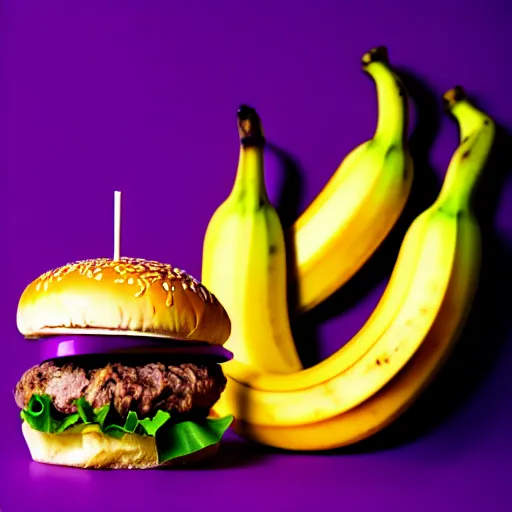 Image similar to a stock photo of a banana burger on a purple background, product photography, f 2. 4, bokeh effect, award winning