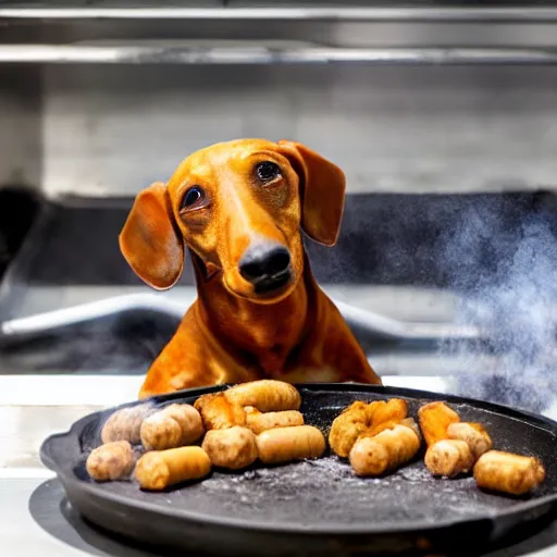 Image similar to dachshund cooking some sausages on a pan