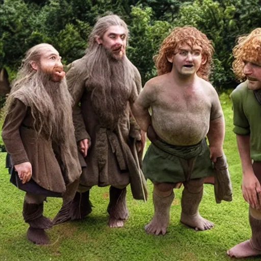 Prompt: a group of hobbits admiring the hairiness of their feet