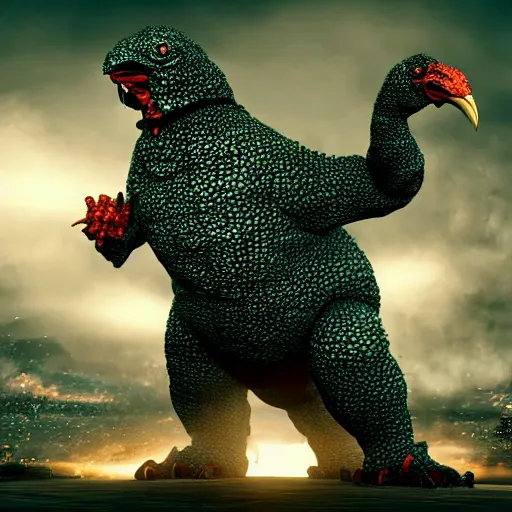 Prompt: evil steel bubble screaming acid chicken kaiju, cinematic, epic scale, hyper detailed, photorealistic, rule of thirds, 8 k.