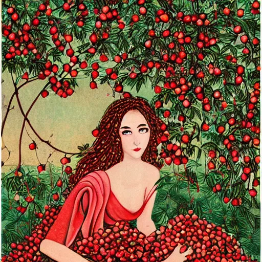 Image similar to Persephone surrounded by pomegranates, beautiful, modern