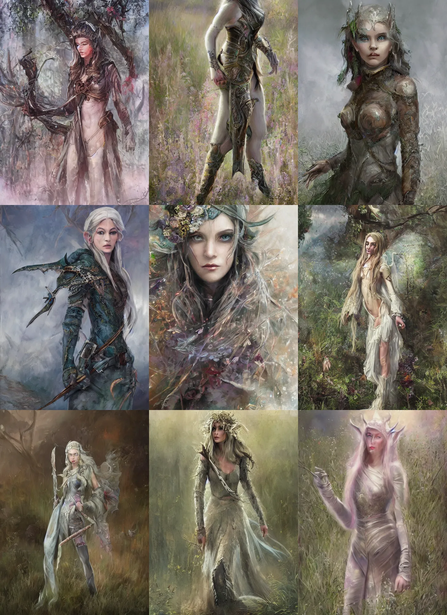 Prompt: a soft focus pastel canvas painting of beautiful full body concept art, beautiful face, elven female rogue wearing full intricate clothing standing in a field, dystopian, HDR, micro detail