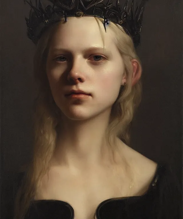 Prompt: the portrait of hunter schafer in black wax crown by roberto ferri,!!!!!!!!!! dark fantasy!!!!!!!!!!, witcher, very detailed oil painting, masterpiece, 8 k