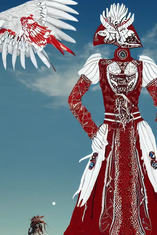 Image similar to female adventurer in tight full - body white embroidered leather armor of vyshyvanka design with red accents and a red porcelain crow mask, trending in artstation, ukrainian, artstation, big moon in the background, establishing shot