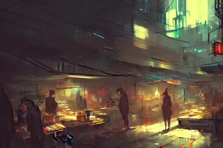 Prompt: underground flea market, by wlop, dystopia cyberpunk. dark and moody, trending on artstation, pixiv contest winner.