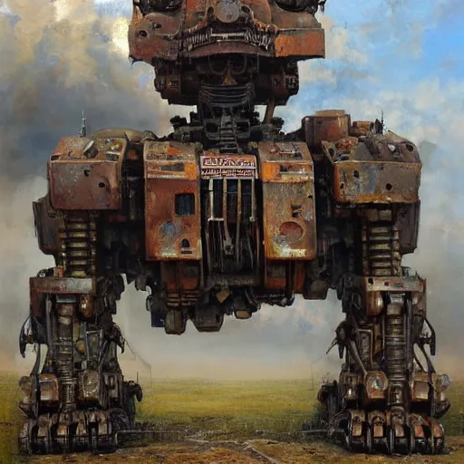 Image similar to oil painting of a huge rusting mech, that resembles a mechanical gorilla, highly detailed, complex, intricate by james gurney