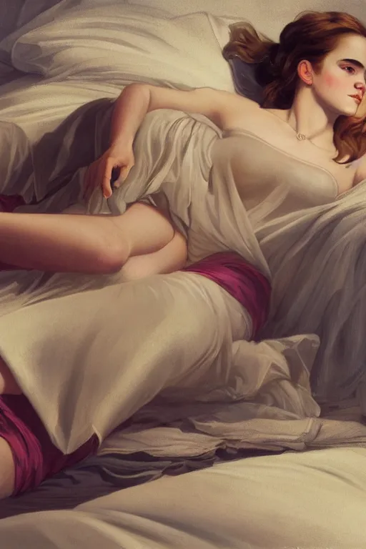 Image similar to Emma Watson lying on the bed in sleepwear, medium shot, intricate, elegant, highly detailed, digital painting, volumetric light, artstation, concept art, smooth, sharp focus, illustration, art by Gil Elvgren and Greg Rutkowski and Alphonse Mucha, 8K