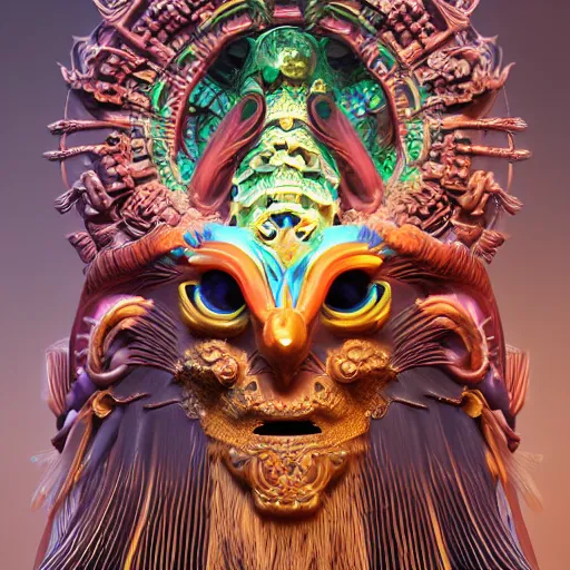 Image similar to 3 d goddess close - up frontal portrait with ram golden skull. beautiful intricately detailed japanese crow kitsune mask and clasical japanese kimono. betta fish, jellyfish phoenix, bio luminescent, plasma, ice, water, wind, creature, mandelbulb, fractal, artwork by tooth wu and wlop and beeple and greg rutkowski