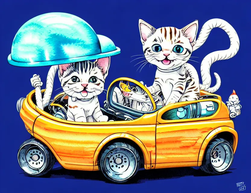 Image similar to cute and funny, kitten wearing a helmet riding in a tiny hot rod with oversized engine, ratfink style by ed roth, centered award winning watercolor pen illustration, isometric illustration by chihiro iwasaki, edited by range murata, tiny details by artgerm and watercolor girl, symmetrically isometrically centered