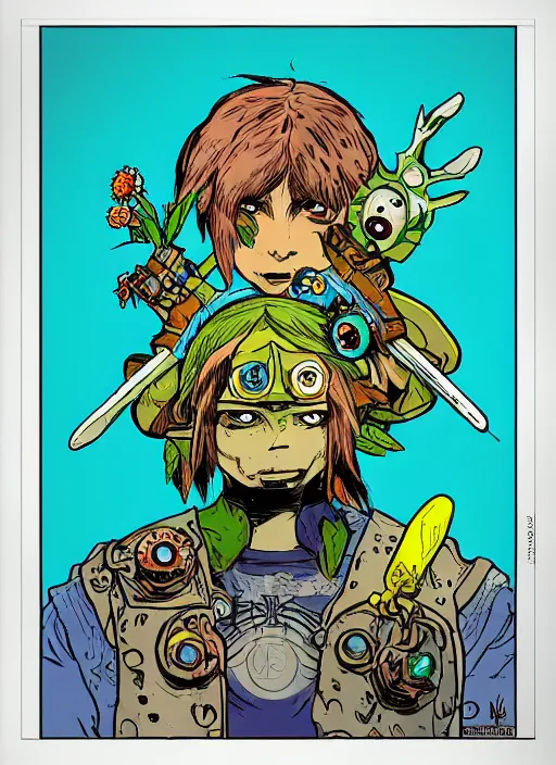 Image similar to biopunk majoras mask link from zelda!! portrait illustration, pop art, splash painting, art by geof darrow, ashley wood, alphonse mucha, makoto shinkai