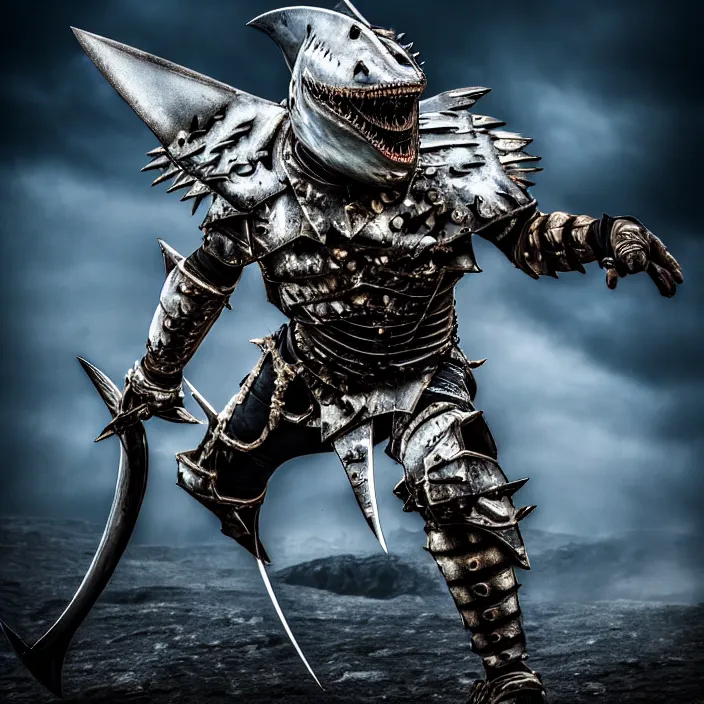 Image similar to photo of a warrior with metal shark themed armour, highly detailed, 4 k, hdr, smooth, sharp focus, high resolution, award - winning photo