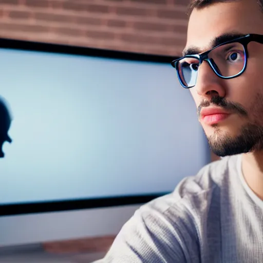 Prompt: a nerd with large glasses staring on his computer monitor, dark room, humid, hot, hyper realistic, ultra detailed, 8 k