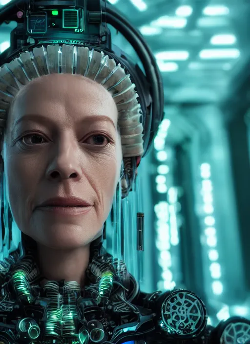 Image similar to 35mm portrait of a 7 of 9 borg with face implants on the background of a weird magical mechanical forest. Round gears visible inside her hear. Very detailed 8k. Fantasy cyberpunk horror. Sharp. Unreal 5 render with nanite, global illumination and path tracing. Cinematic post-processing