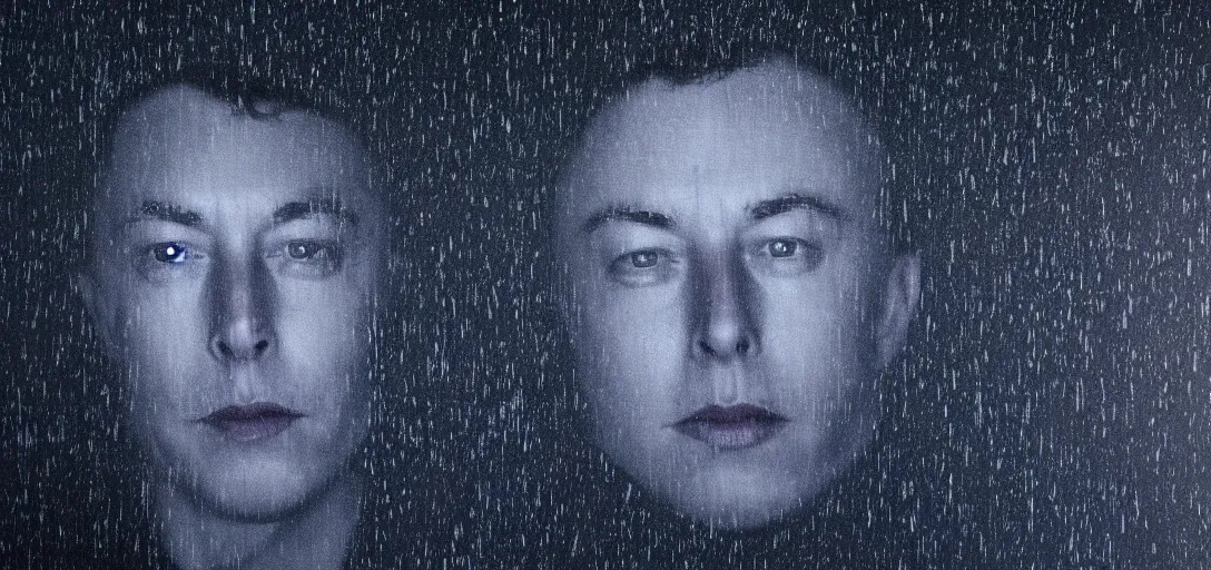 Image similar to dark photo of dark blue rainy bedroom window at night, dimly lit creepy face of elon musk staring in through the window, horror, scary face,