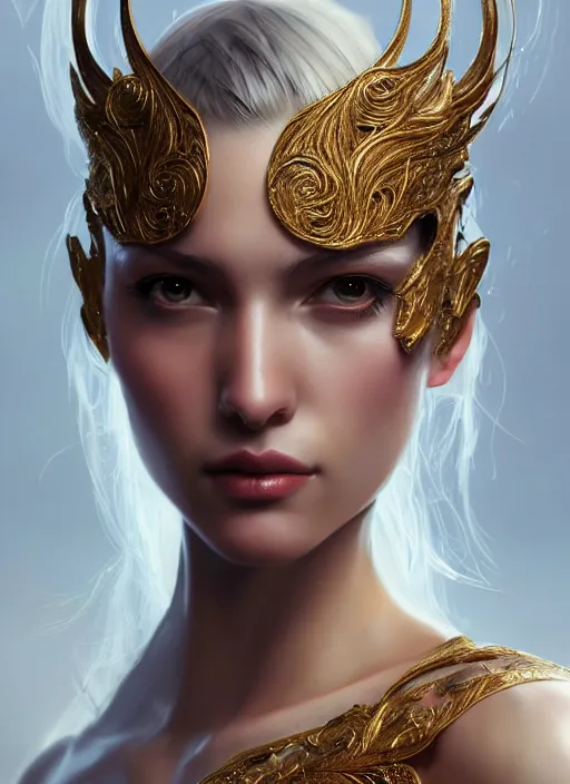 Image similar to a portrait of female in wearable sculpture art, intricate details, elegant, highly detailed, digital photography, artstation, glamor pose, concept art, smooth, sharp focus, art by artgerm and greg rutkowski, 3 d character, film, photorealistic, unreal engine