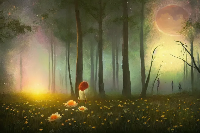 Prompt: giant daisy flower above head, girl walking in forest, surreal photography, dark night, stars, moon light, impressionist painting, clouds, digital painting, artstation, simon stalenhag