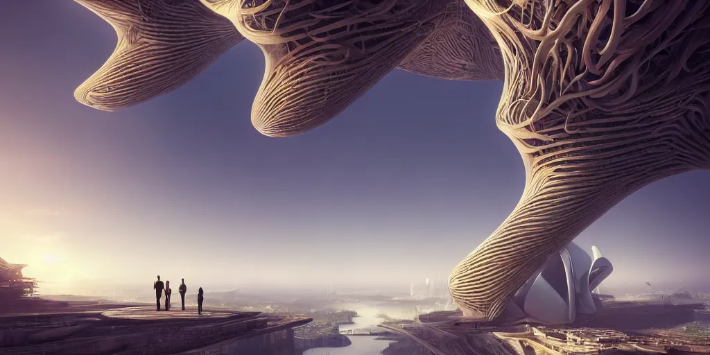 Prompt: garden of eden, by tim blandin and arthur haas and bruce pennington and john schoenherr, big windows architecture by zaha hadid, octane render, warm colour scheme, white, cinematic, scenery, cgsociety, modernism, futuristic, trending on artstation, sci - fi, high detail, high quality, close up angle, people walking