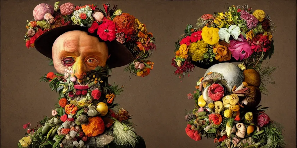 Prompt: an album cover of a man with a strange hat on his head by Arcimboldo, behance contest winner, award winning, masterpiece, pop surrealism, made of flowers, surrealist-H 1024