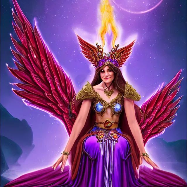 Image similar to Princess sorceress with red flaming bird wings on her back and sitting on an ornate throne dressed in a fancy long purple dress, beautiful realistic symmetrical defined face, grinning, Fantasy, Full Portrait, High detail, realistic, planeswalker