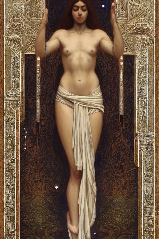 Prompt: a full body portrait of a beautiful ethereal delicate byzantine egyptian mage queen meditative sacral pose catholic stages of the cross, intricate, elegant, highly detailed, digital painting, artstation, concept art, smooth, sharp focus, illustration, art by krenz cushart and artem demura and alphonse mucha