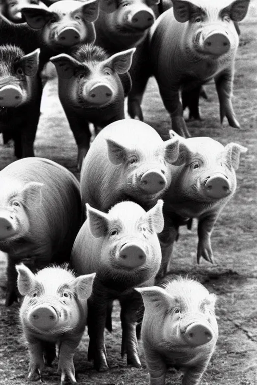 Prompt: piglets with stalin moustaches historical photo in color