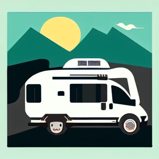 Image similar to stylized vector art featuring a white and black cute thor chateau! motorhome camper!!, highway, mountains and sunset!!, very happy, professional colorful minimal vector art