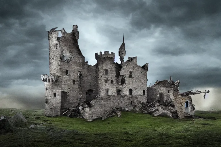 Prompt: The castle was ravaged by a tempest. Photo-realistic UHDR. SuperRes Sharpening. DoP.