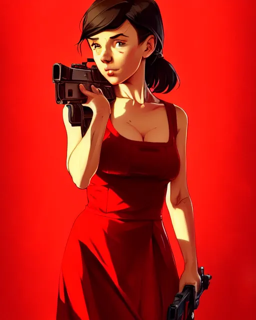 Prompt: portrait of cute girl in a red dress, gta v cover art, borderlands style, celshading, sharp focus, intricate, detailed, by rhads, andreas rocha, rossdraws, makoto shinkai, laurie greasley, lois van baarle, ilya kuvshinov and greg rutkowski, dynamic lighting, sharp focus, grunge aesthetic, 4 k