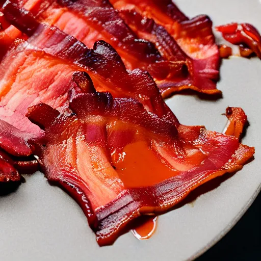 Image similar to macro photography of bacon covered in a maple Sriracha glaze