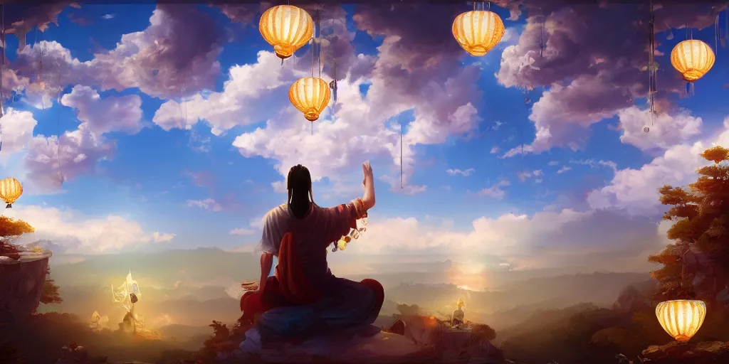 Prompt: painting of wind god enjoying the view from his heavenly palace, decorated with windchimes and paper lanterns, nature and clouds in background, digital art, trending on artstation