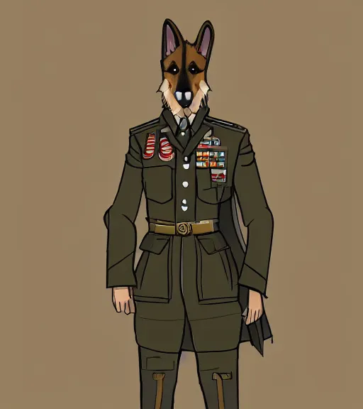 Image similar to expressive stylized master furry artist digital line art painting full body portrait character study of the anthro male anthropomorphic german shepard fursona animal person officer wearing clothes military general uniform