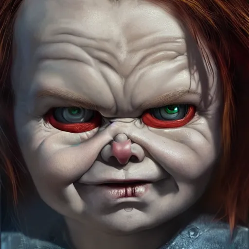 Image similar to portrait of chucky, intricate artwork, concept art, octane render, deviantart, cinematic, key art, hyperrealism, iridescent accents, portrait photograph, nikon 3 5 mm, photograph by greg rutkowski