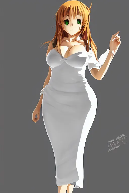 Image similar to anime drawing of a curvy chubby redhead in a white dress, unreal engine, artstation