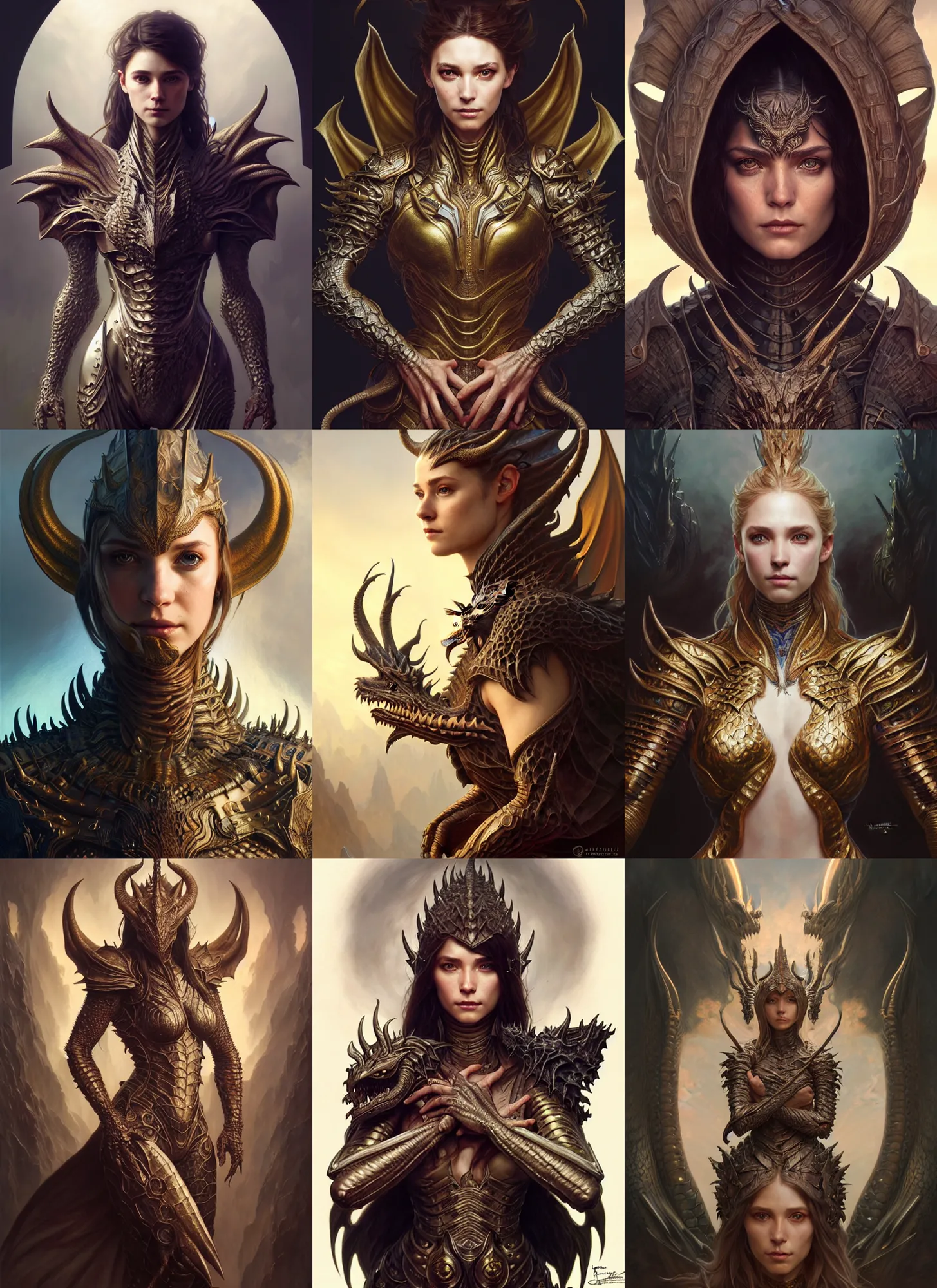 Prompt: portrait and fullbody painting of a human wearing dragon armor, ultra realistic, concept art, intricate details, eerie, highly detailed, photorealistic, octane render, 8 k, unreal engine. art by artgerm and greg rutkowski and charlie bowater and magali villeneuve and alphonse mucha