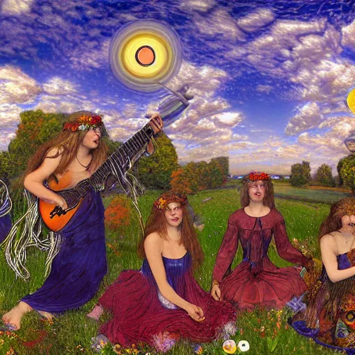 Prompt: preraphaelite hippies dancing in a flower forest, magic occult ceremony ritual summoning guitar, flowing forms, viewed from below, ultra wide angle, beautiful sky, highly detailed