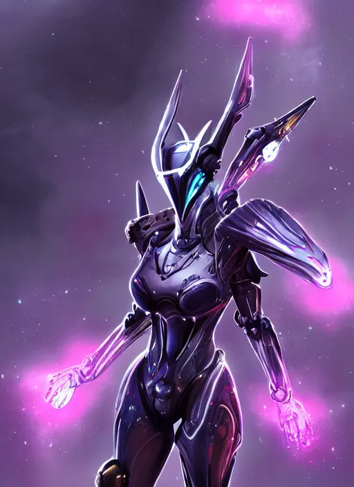 Image similar to detailed cinematic shot, cosmic sized perfectly proportioned stunning beautiful hot female warframe, detailed robot mecha female dragon head, metal ears led eyes, silver armor, fuschia leds, floating in empty space, nebula sized, holding a planet, epic proportions, epic size, epic scale, furry art, dragon art, giantess art, warframe fanart, furaffinity, deviantart