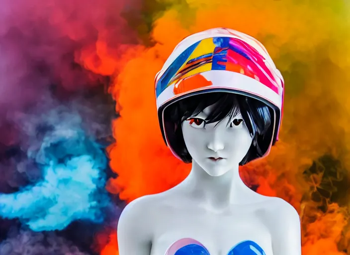 Image similar to extremely beautiful photo of a white marble statue of an anime girl with colorful motocross logos and motorcycle helmet with closed visor, colorful smoke in the background, carved marble statue, fine art, neon genesis evangelion, virgil abloh, offwhite, denoise, highly detailed, 8 k, hyperreal